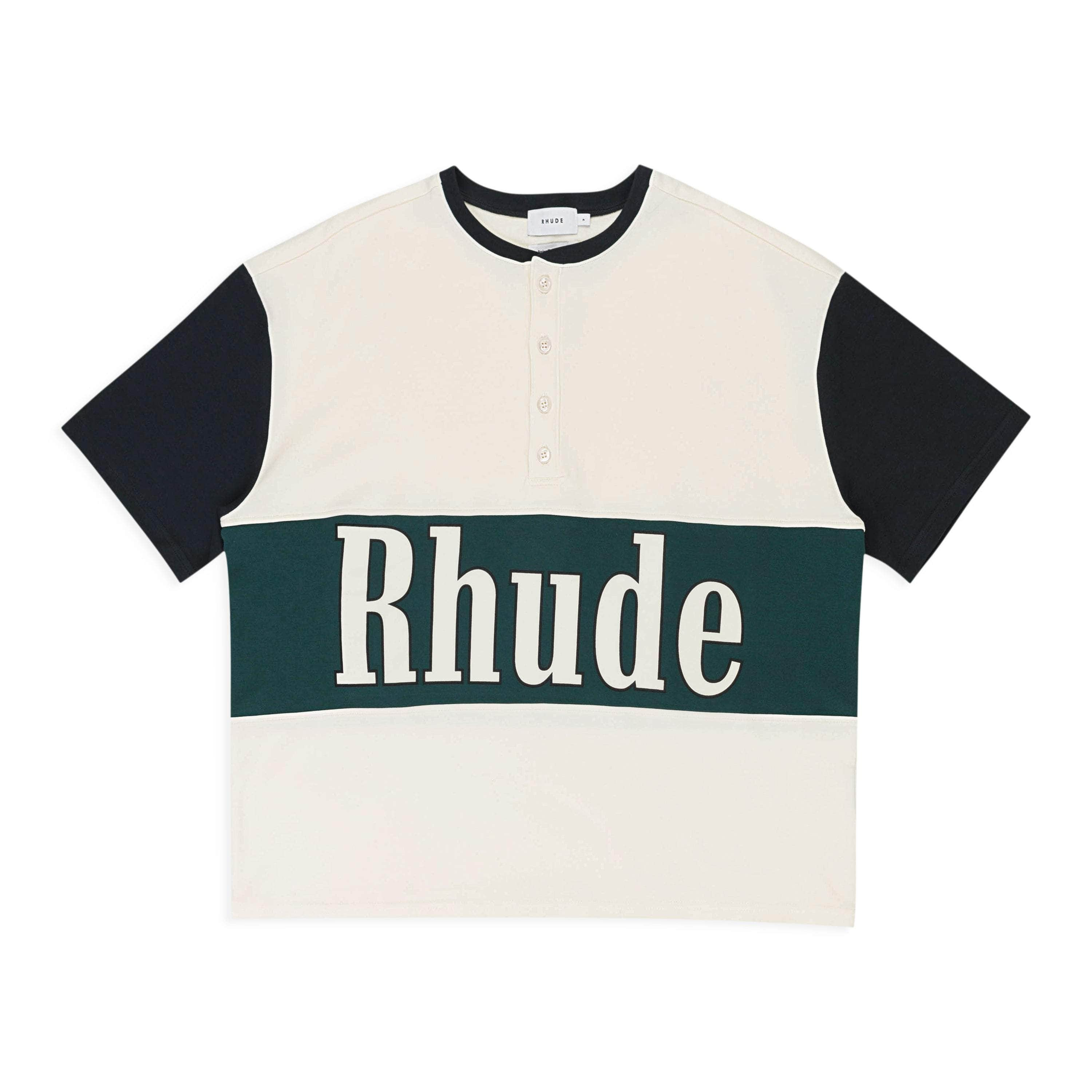 Rhude RHD-XTSH-0084/L NWT RHUDE PANEL HENLEY HUNTER CREAM/BLACK BUTTON DOWN T-SHIRT SIZE L $405 RHD-XTSH-0084/L