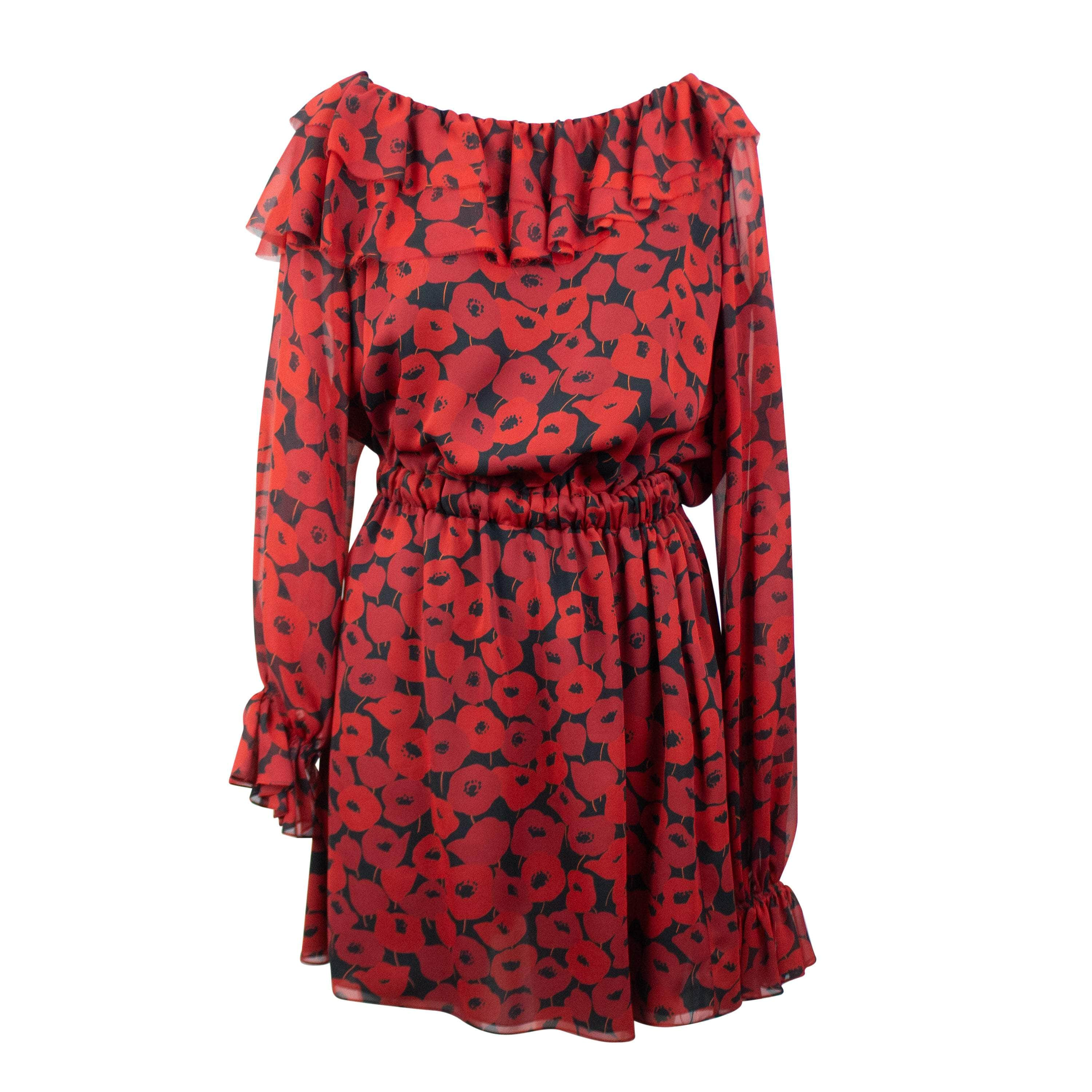 Saint Laurent YSL-XTPS-0013/34 NWT SAINT LAURENT Red Off The Shoulder Floral Dress Size 34 $3370 YSL-XTPS-0013/34