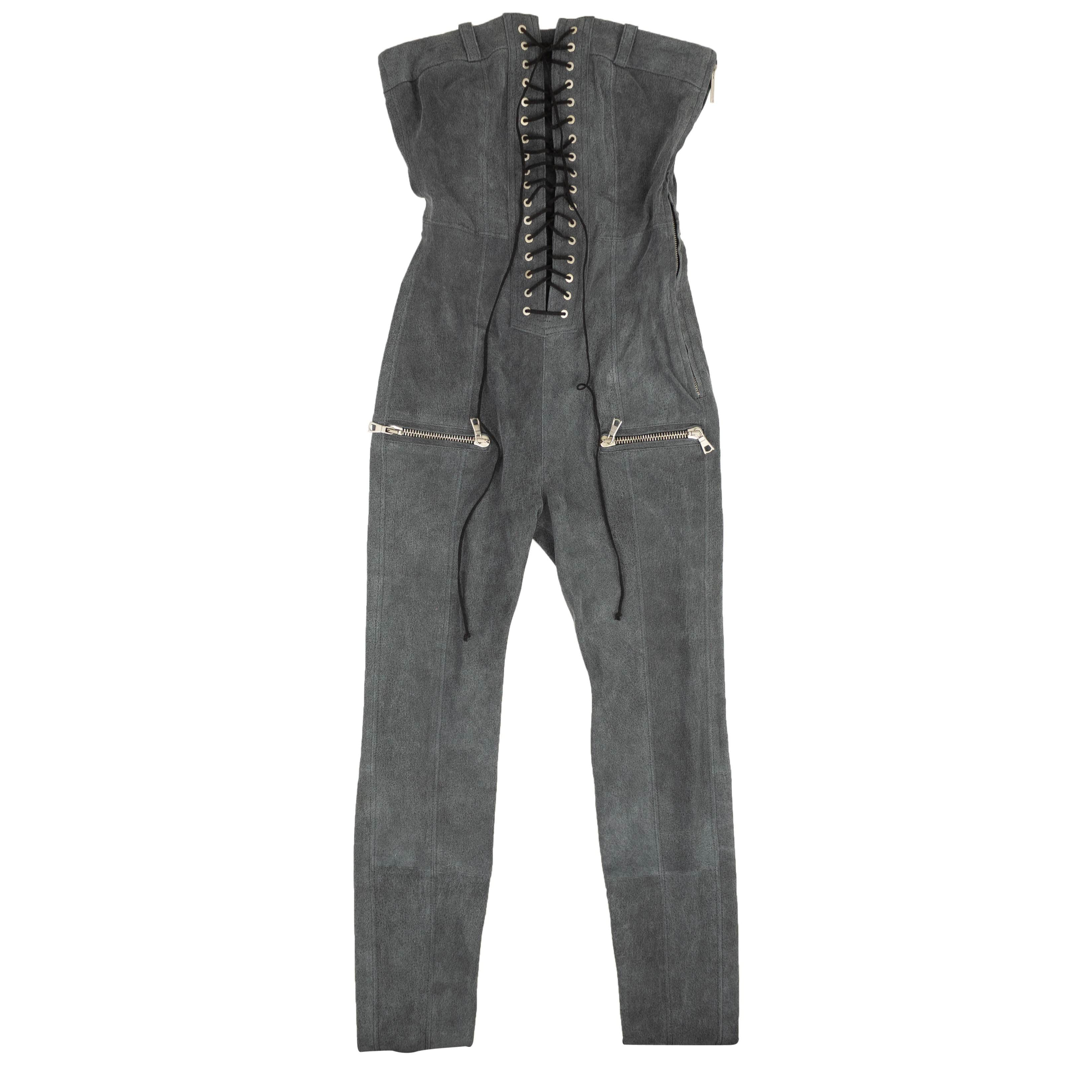 Unravel Project 82NGG-UN-104/XS NEW UNRAVEL PROJECT Grey Leather Lace Up Strapless Jumpsuit Size XS $2100 82NGG-UN-104/XS