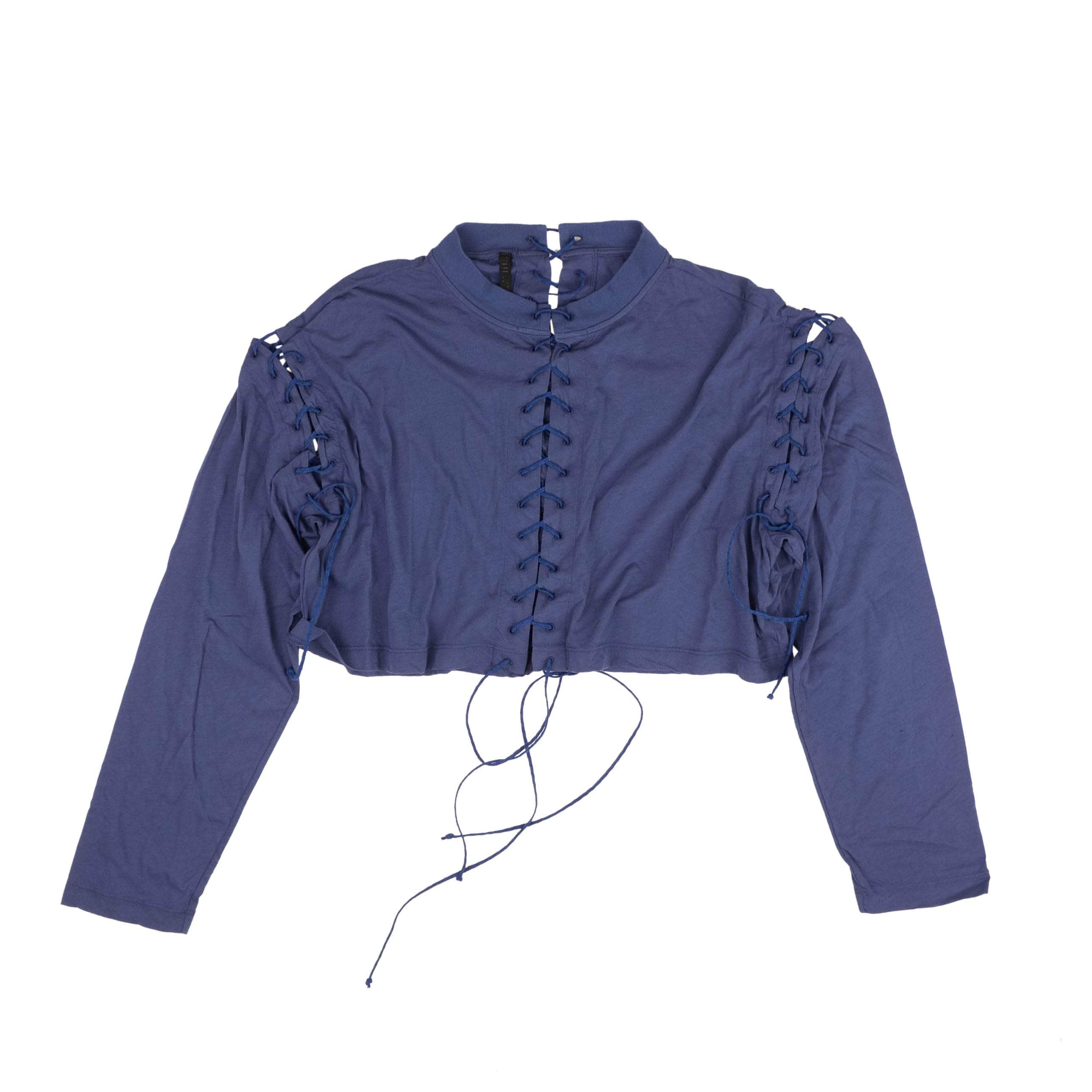 Unravel Project channelenable-all, chicmi, couponcollection, gender-womens, main-clothing, size-s, under-250, unravel-project S Blue Cropped Lace Up Long Sleeve T-Shirt 74NGG-UN-1079/S 74NGG-UN-1079/S